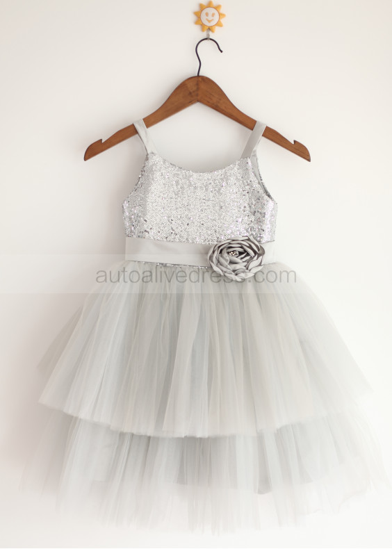 Silver Sequin Cupcake Tulle Flower Girl Dress
